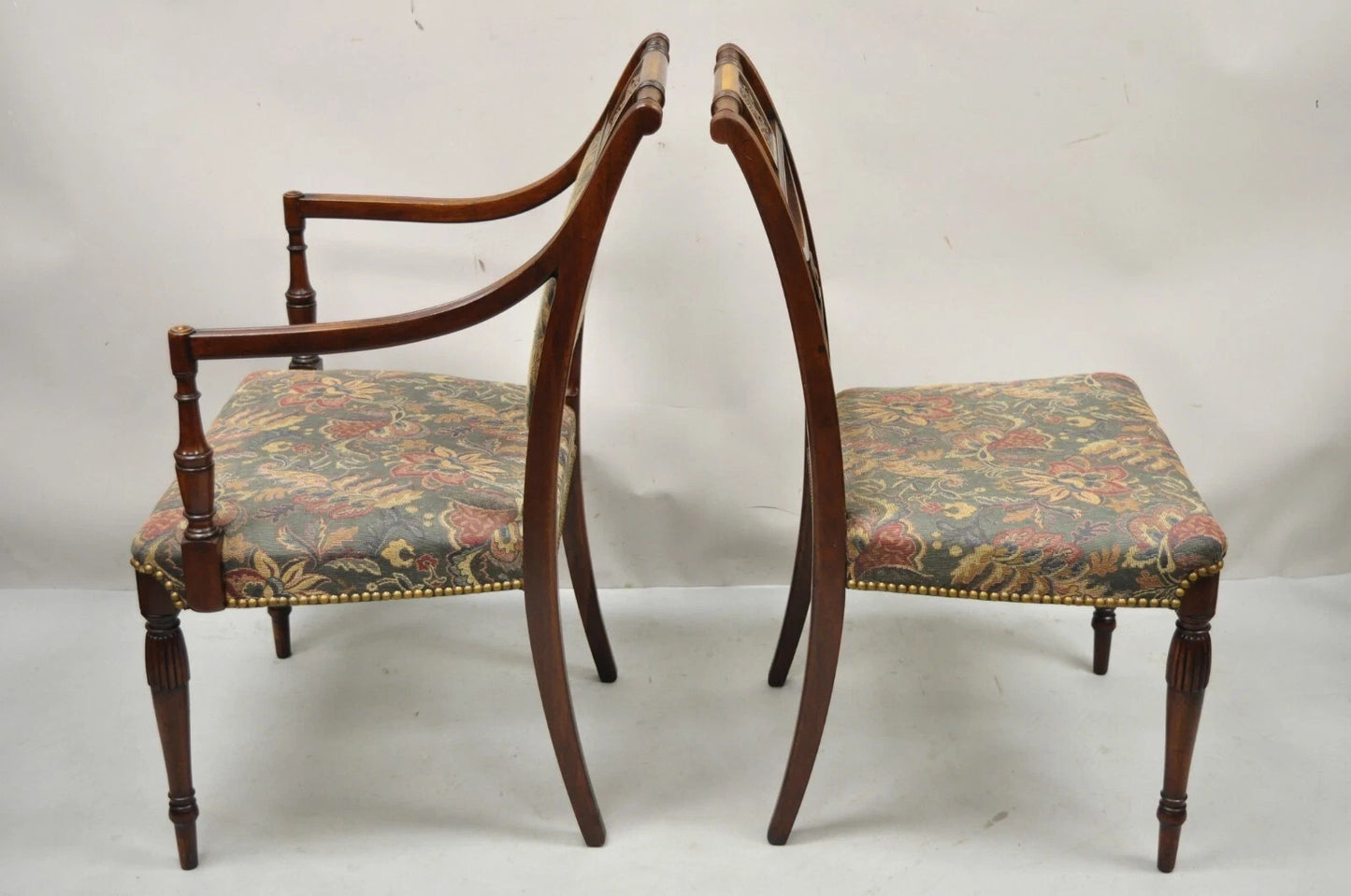 Vintage English Sheraton Style Mahogany Prince of Wales Dining Chairs - Set of 6