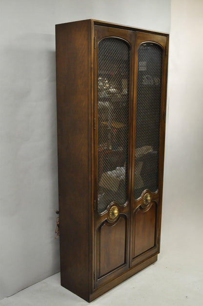 Vintage French Country Dark Cherry Wood Tall Lighted Curio Display Cabinet Pair