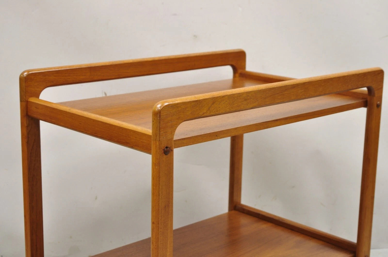 Vintage Mid Century Danish Modern Teak Wood 2 Tier Rolling Bar Cart Side Table