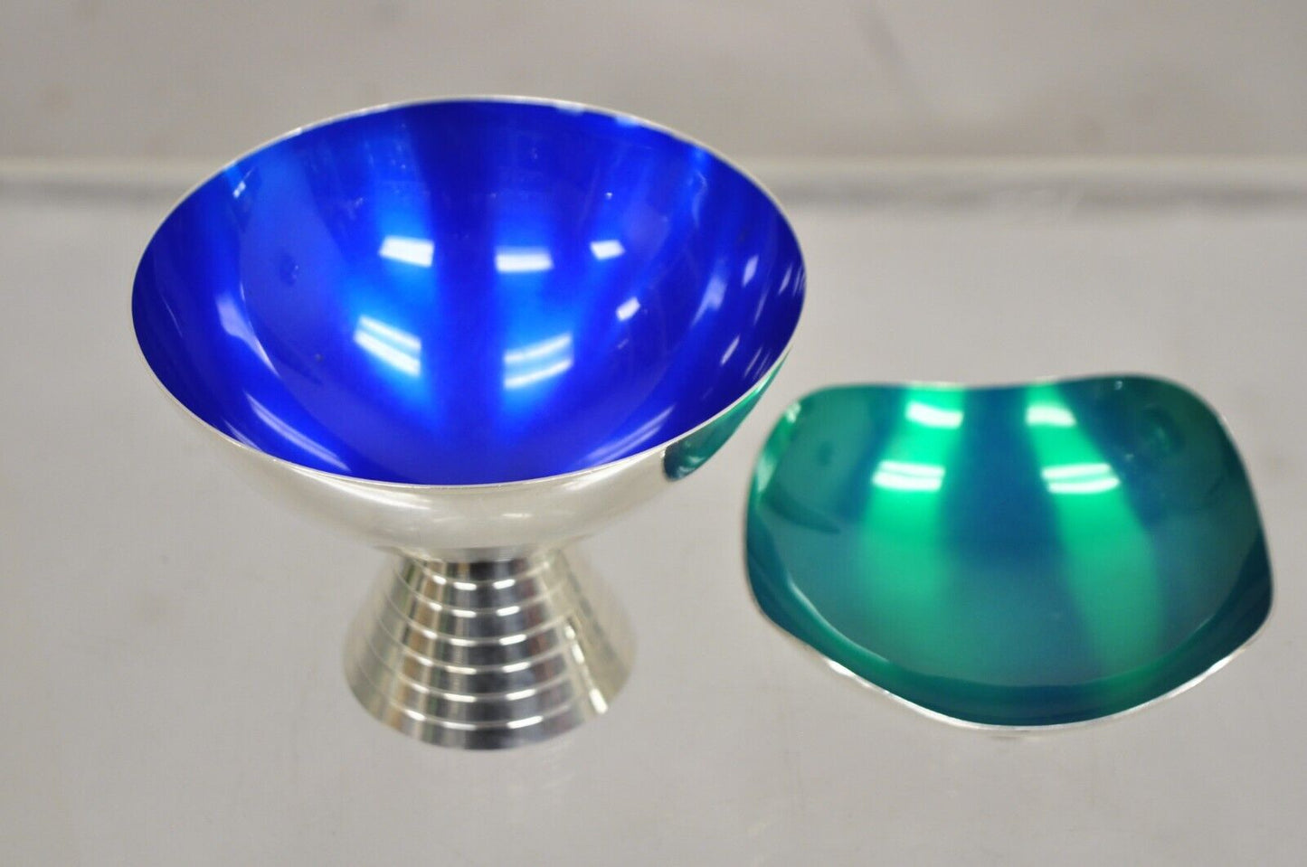 Mid Century Danish Modern Blue Green Red Silver Plated Enamel Compote - 3 Pc