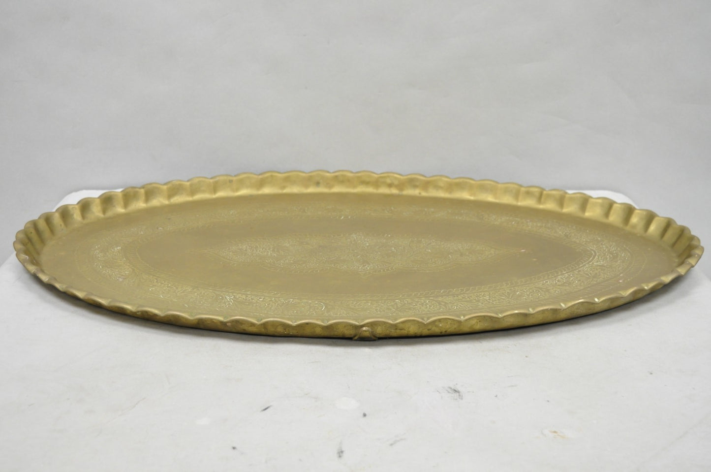 Vintage Moroccan Middle Eastern Solid Brass Large Oval Engraved 35" Tray Top