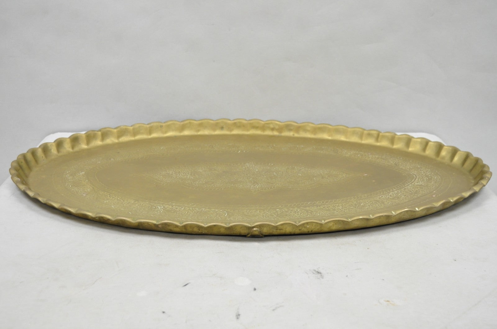 Vintage Moroccan Middle Eastern Solid Brass Large Oval Engraved 35" Tray Top