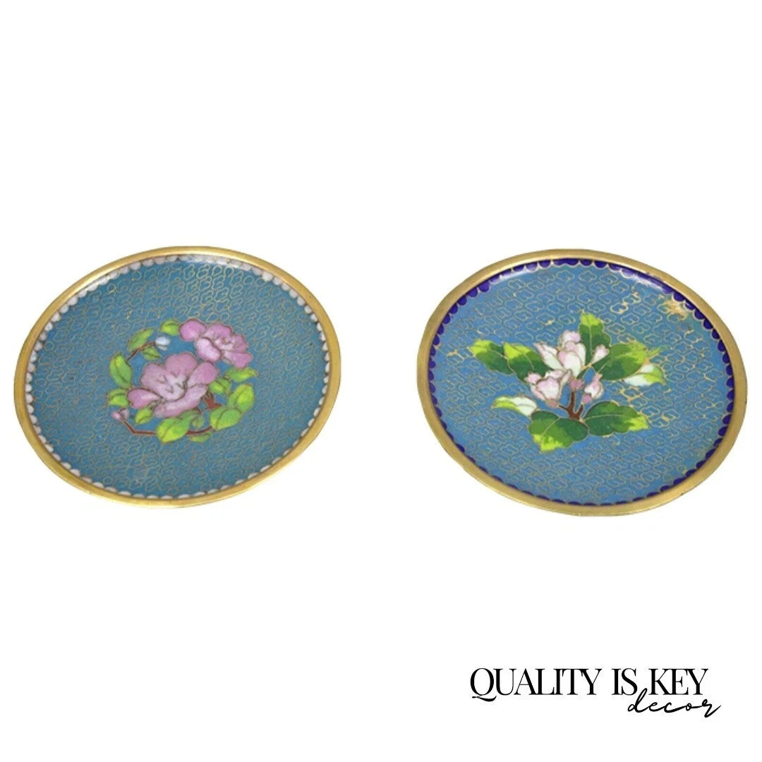 Vintage Brass Enamel Blue & Gold Floral Cloisonne Small Trinket Dish Set - Pair