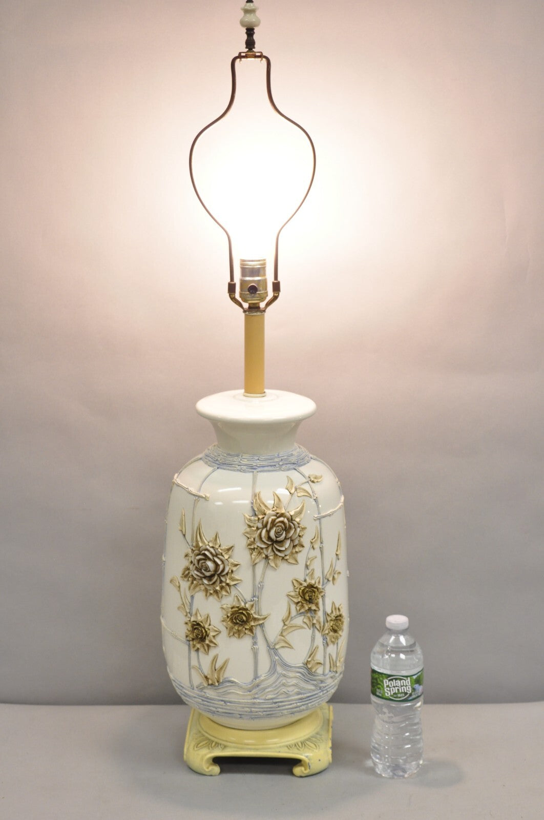 Vintage Chinoiserie White Porcelain Jardinere Table Lamp w/ Applied Flowers
