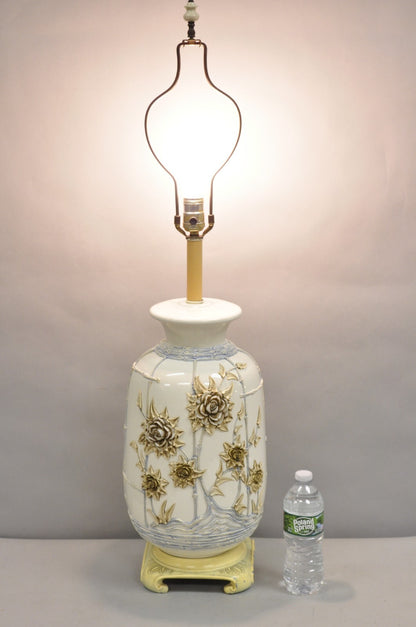 Vintage Chinoiserie White Porcelain Jardinere Table Lamp w/ Applied Flowers