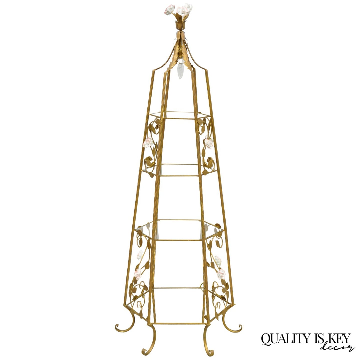 Vintage Italian Hollywood Regency Gold Tole Metal 4 Tier Lighted Etagere Curio