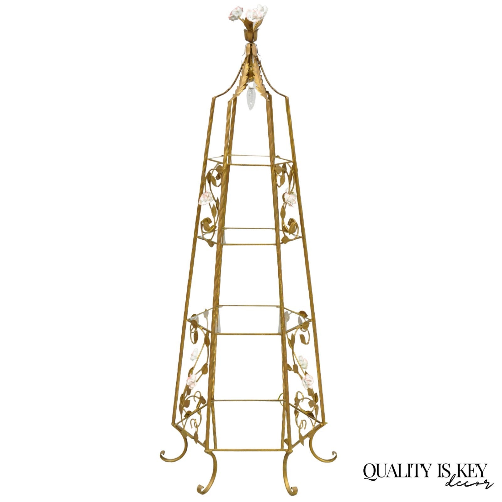 Vintage Italian Hollywood Regency Gold Tole Metal 4 Tier Lighted Etagere Curio