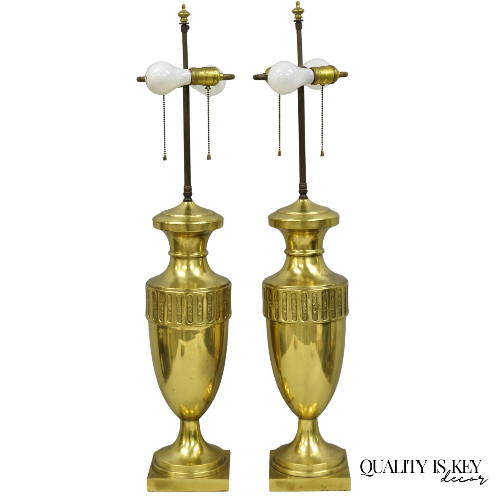 Vintage French Empire Neoclassical Gold Burnished Brass Urn Table Lamps - a Pair