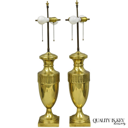Vintage French Empire Neoclassical Gold Burnished Brass Urn Table Lamps - a Pair