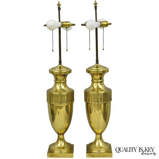 Vintage French Empire Neoclassical Gold Burnished Brass Urn Table Lamps - a Pair