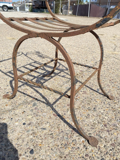 Antique Spanish Renaissance Wrought Iron Curule Savonarola Throne Arm Chair