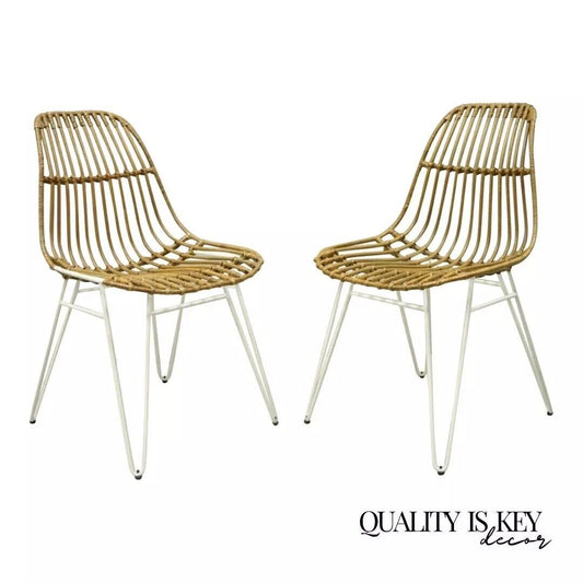 Modern White Wrought Iron Hairpin Leg Rattan Shell Dining Side Chairs - a Pair