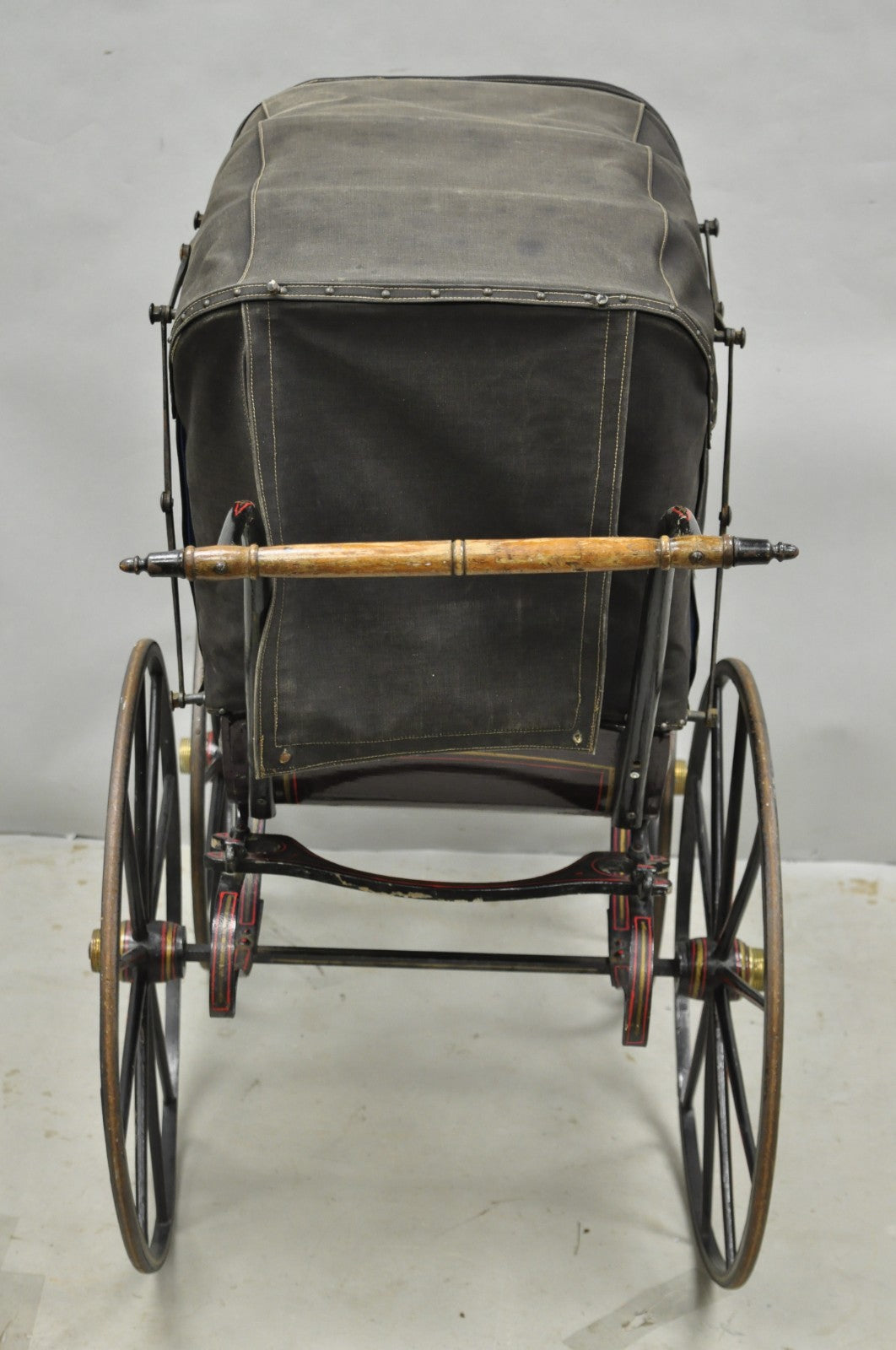 Antique Victorian Hand Painted Baby Carriage Buggy Stroller with Wooden Wheels