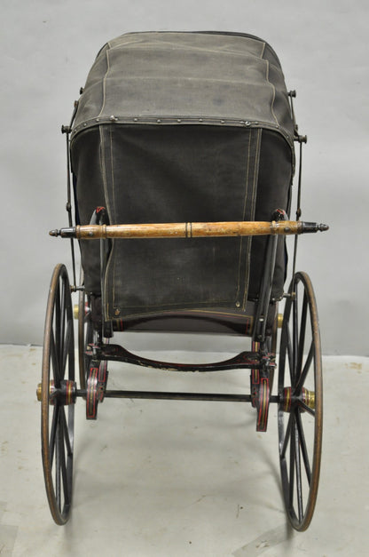 Antique Victorian Hand Painted Baby Carriage Buggy Stroller with Wooden Wheels
