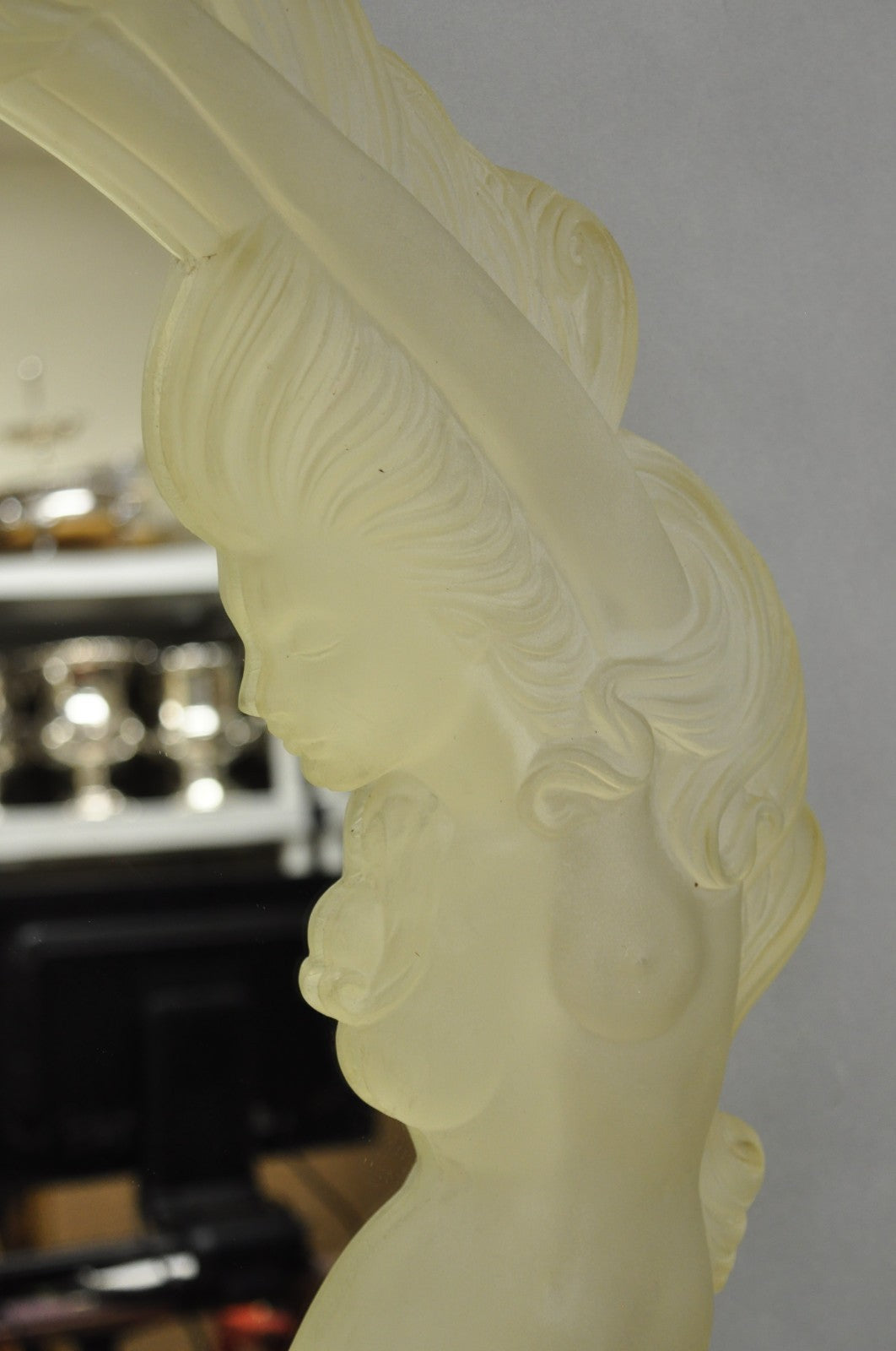 Vintage Art Nouveau Revival Lucite Acrylic Figural Woman Round Wall Mirror
