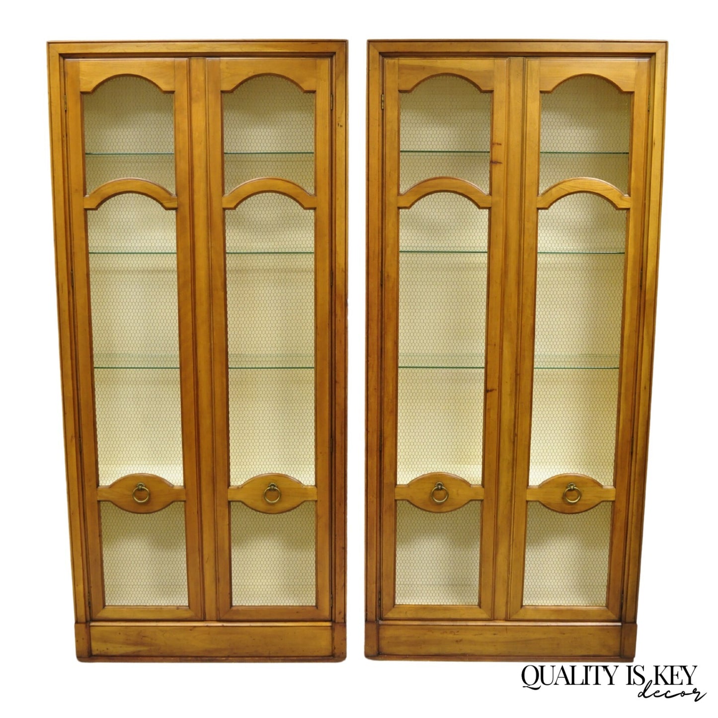Vintage Baker Hollywood Regency Cherry Wood 2 Door Curio Cabinet Bookcase - Pair