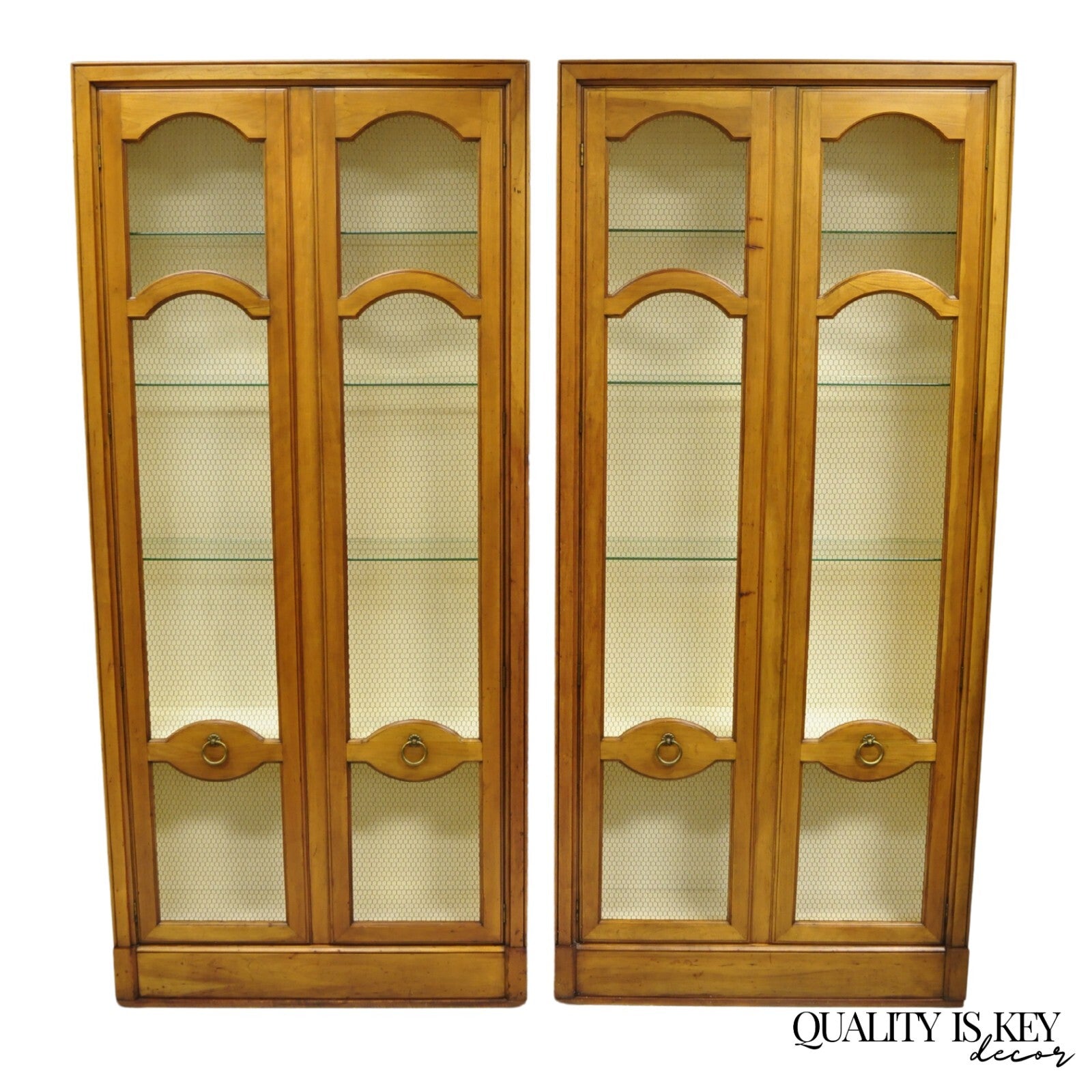 Vintage Baker Hollywood Regency Cherry Wood 2 Door Curio Cabinet Bookcase - Pair