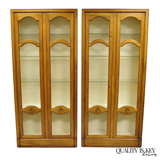 Vintage Baker Hollywood Regency Cherry Wood 2 Door Curio Cabinet Bookcase - Pair