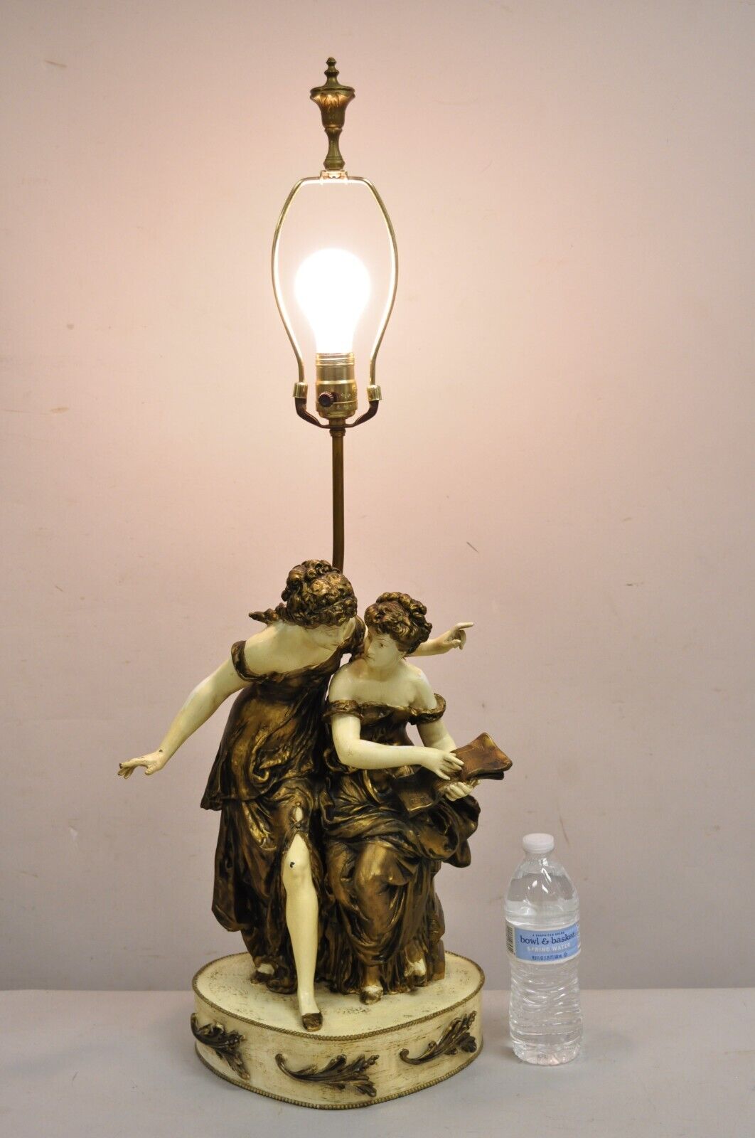 Antique French Rennaisance Moreau Figural Metal Table Lamp w/ Two Women