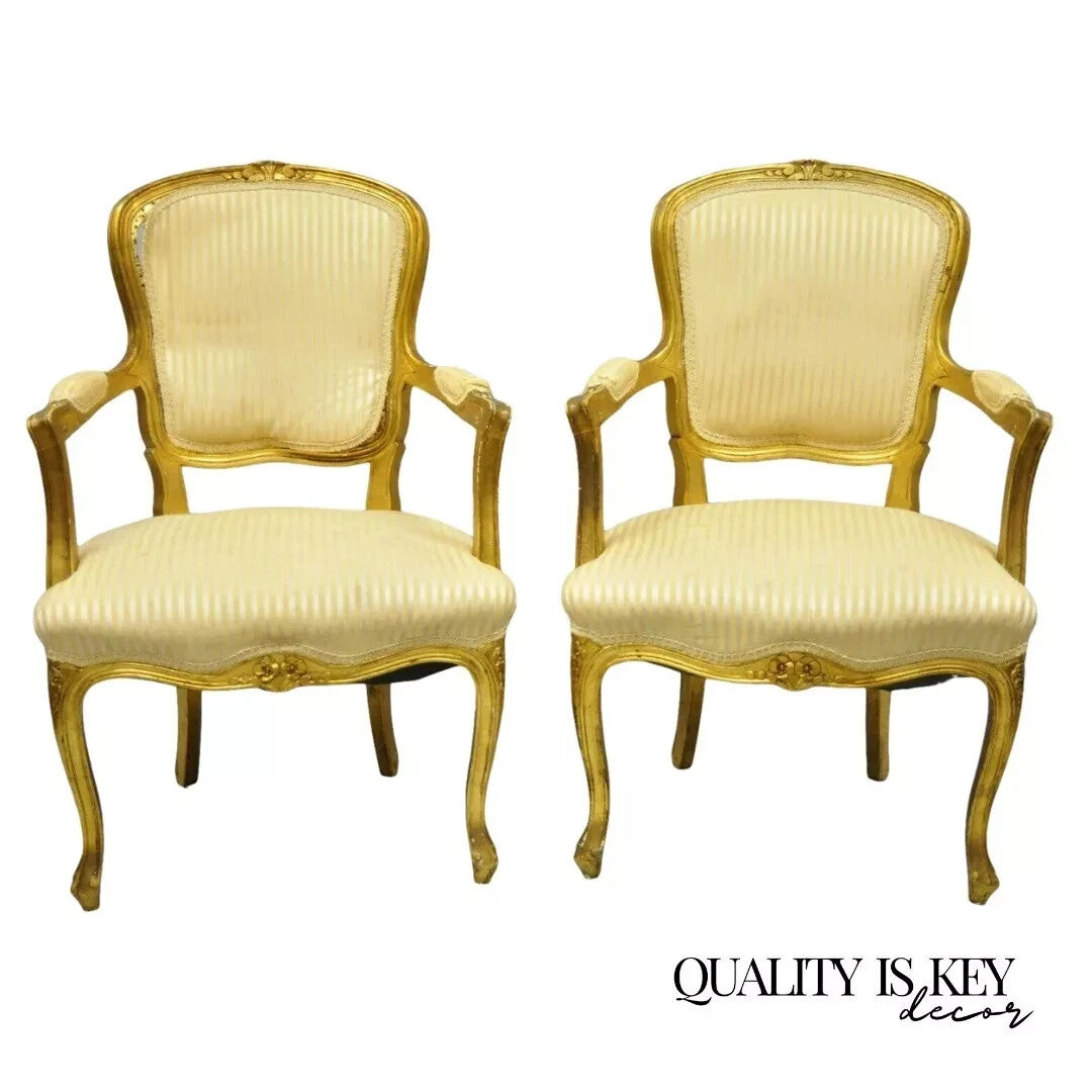 Vintage French Louis XV Style Gold Gilt Wood Arm Chairs to Refinish DIY - a Pair