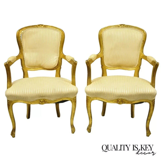 Vintage French Louis XV Style Gold Gilt Wood Arm Chairs to Refinish DIY - a Pair