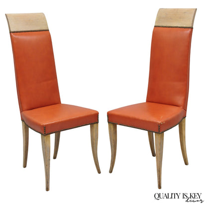 Vintage French Art Deco Gio Ponti Style High Back Pickled Wash Side Chair - Pair