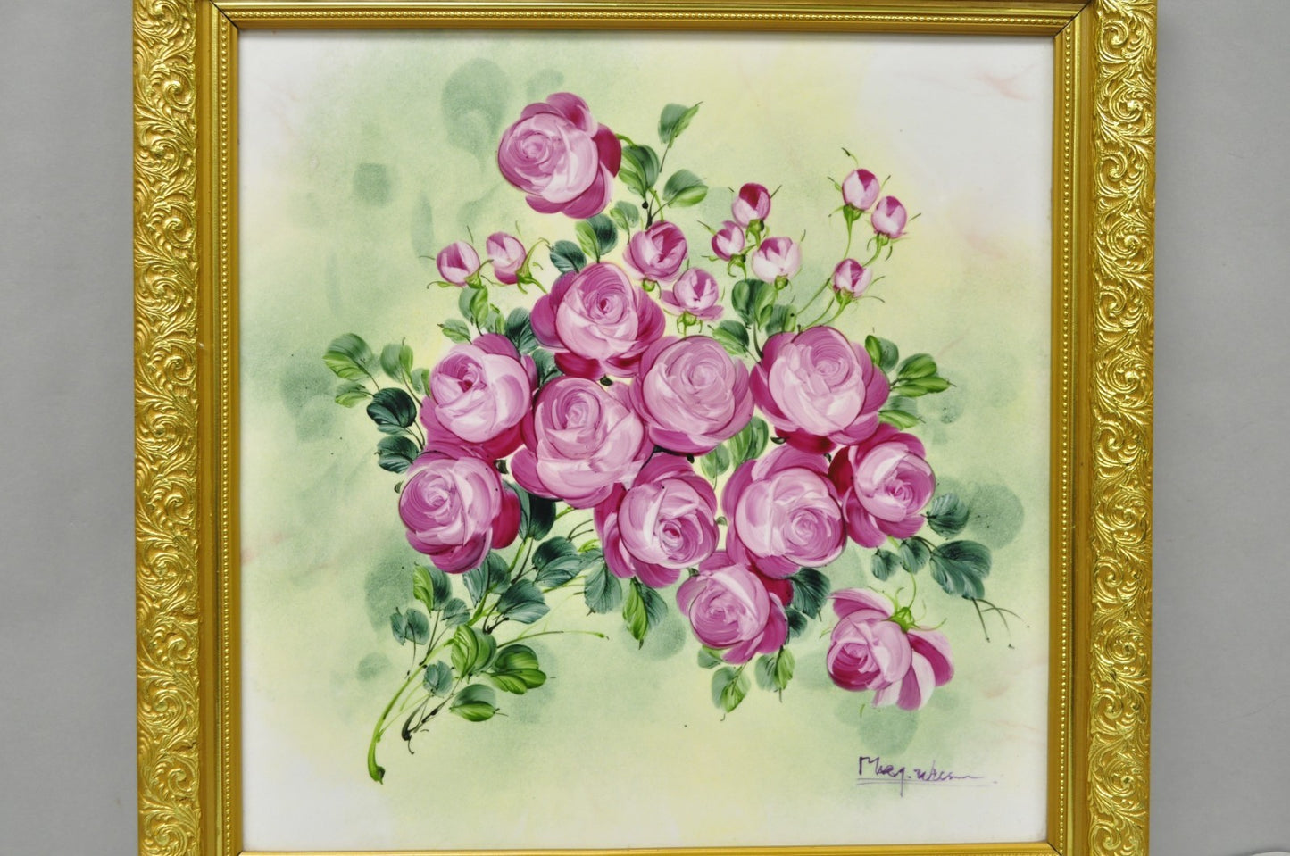 Mary Wilson French Hand Painted Porcelain Plaque Pink Rose Flower Painting (A)