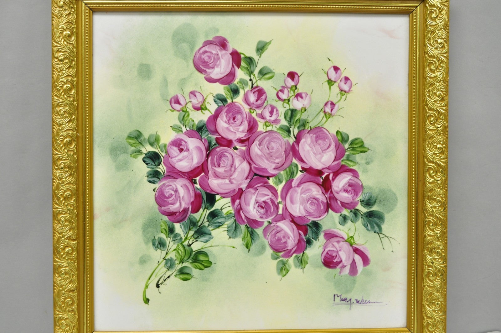Mary Wilson French Hand Painted Porcelain Plaque Pink Rose Flower Painting (A)