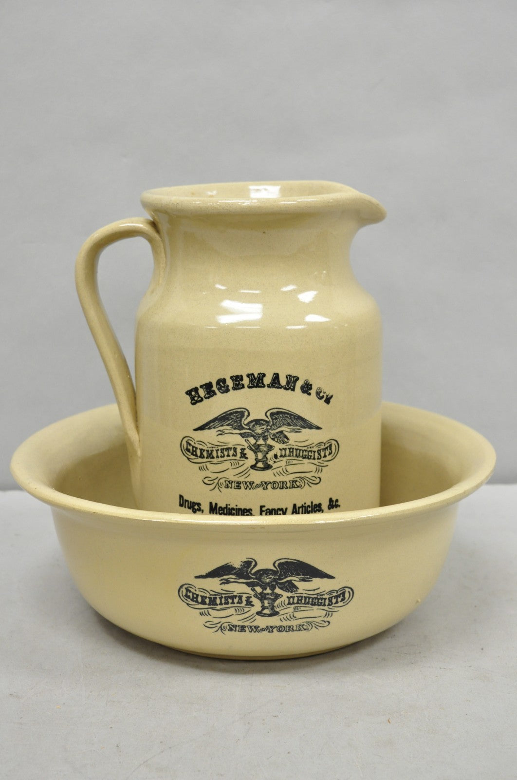 Hegeman & Co. Large Pitcher w Basin 1837 Stoneware Drugs Medicines NY Apothecary