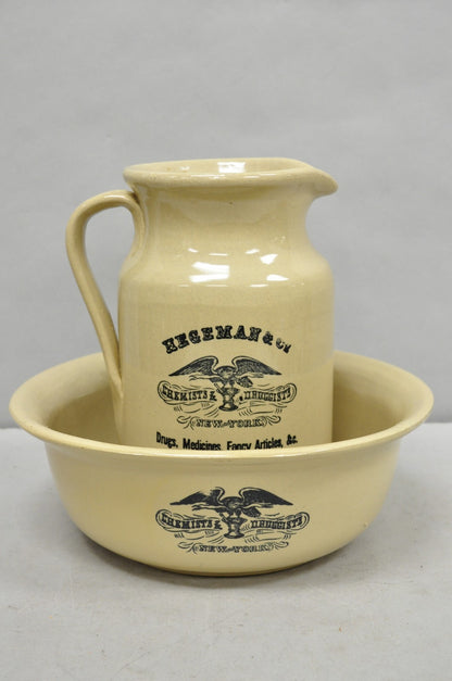 Hegeman & Co. Large Pitcher w Basin 1837 Stoneware Drugs Medicines NY Apothecary