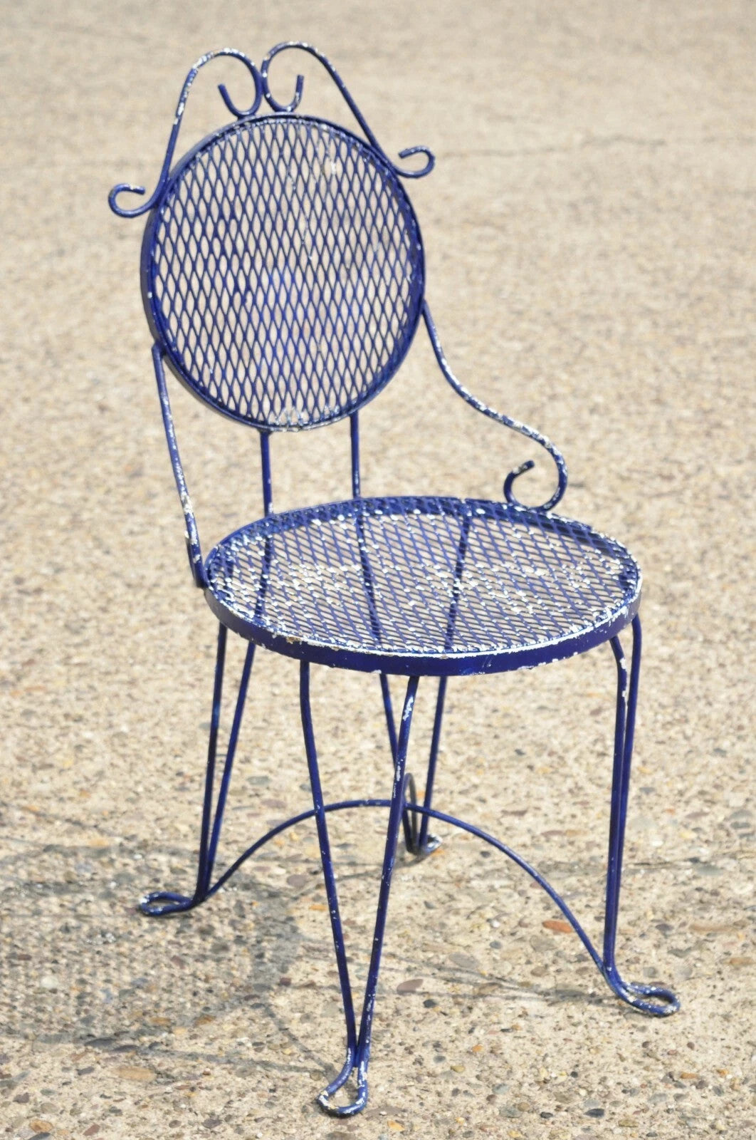 Vintage Victorian Blue Wrought Iron Small Garden Bistro Dining Chairs - Set of 4