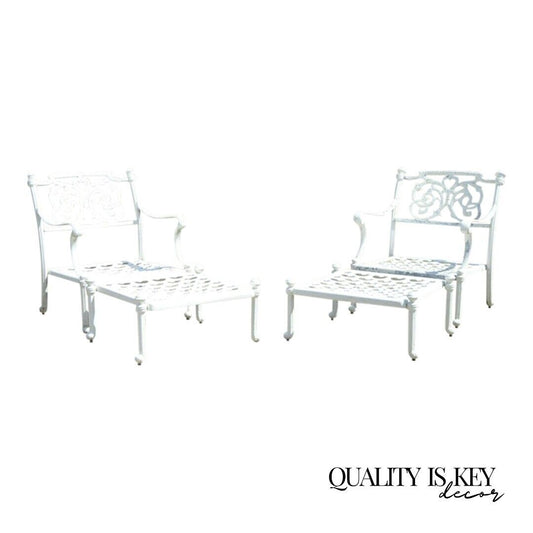 Regency Scrollwork Aluminum Garden Patio Lounge Arm Chairs with Ottoman- a Pair