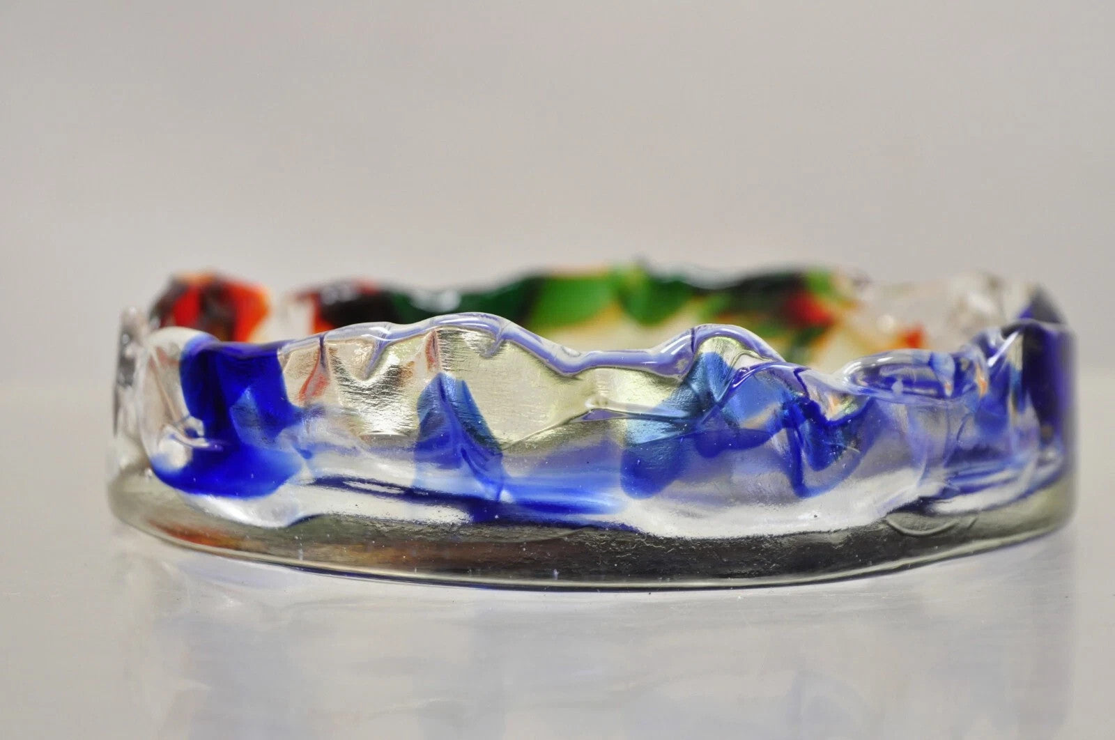 Vintage Mid Century Modern Italian Murano Blue Green Art Glass Ashtray Catchall