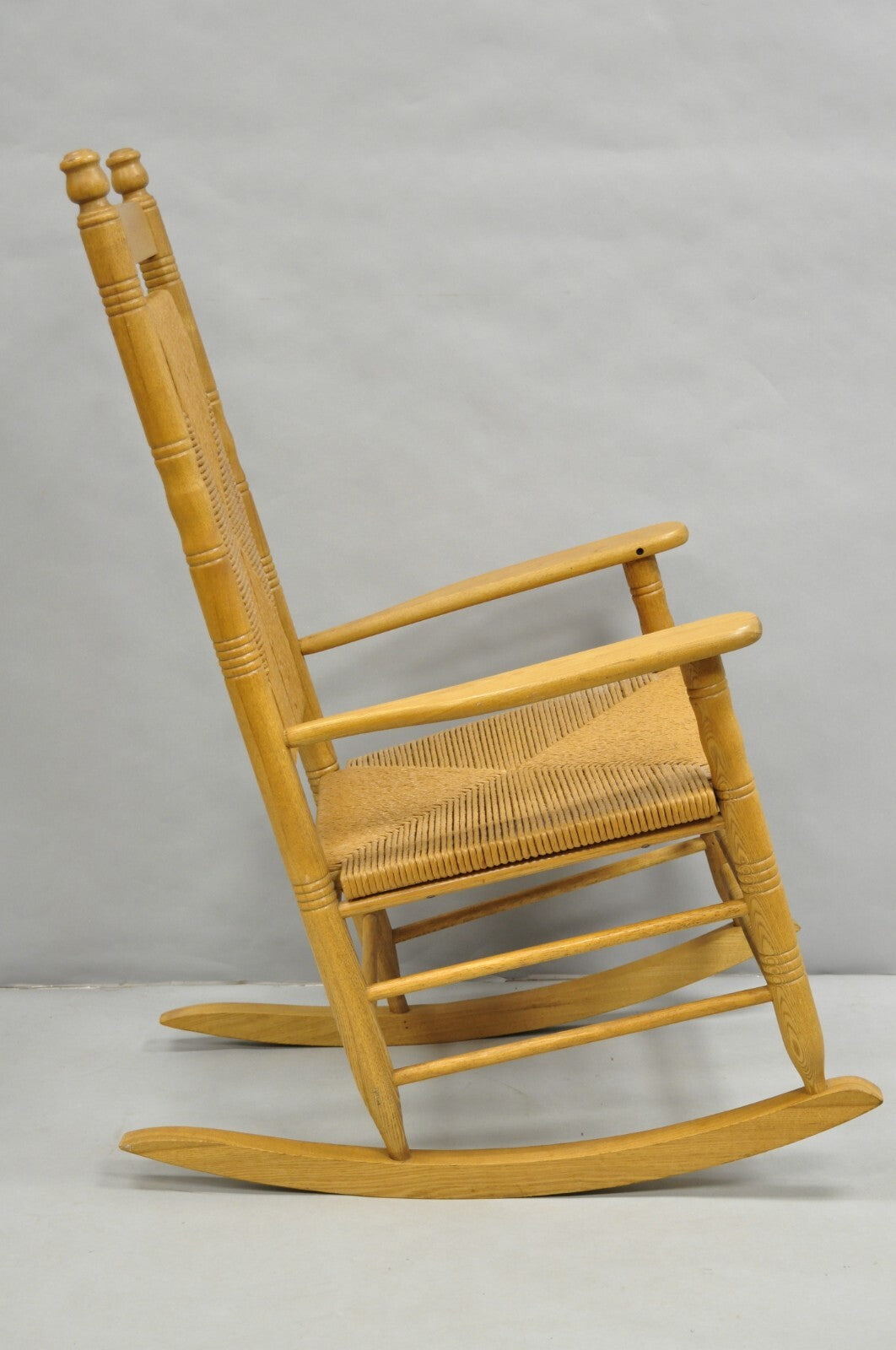 American Primitive Rustic Oak Wood Rush Seat Rocking Chair by Cracker Barrel