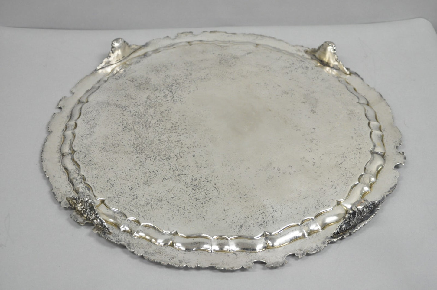 Antique English Victorian 22" Round Silver Plated Serving Platter Salver Tray