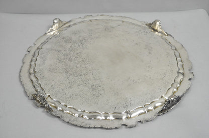 Antique English Victorian 22" Round Silver Plated Serving Platter Salver Tray