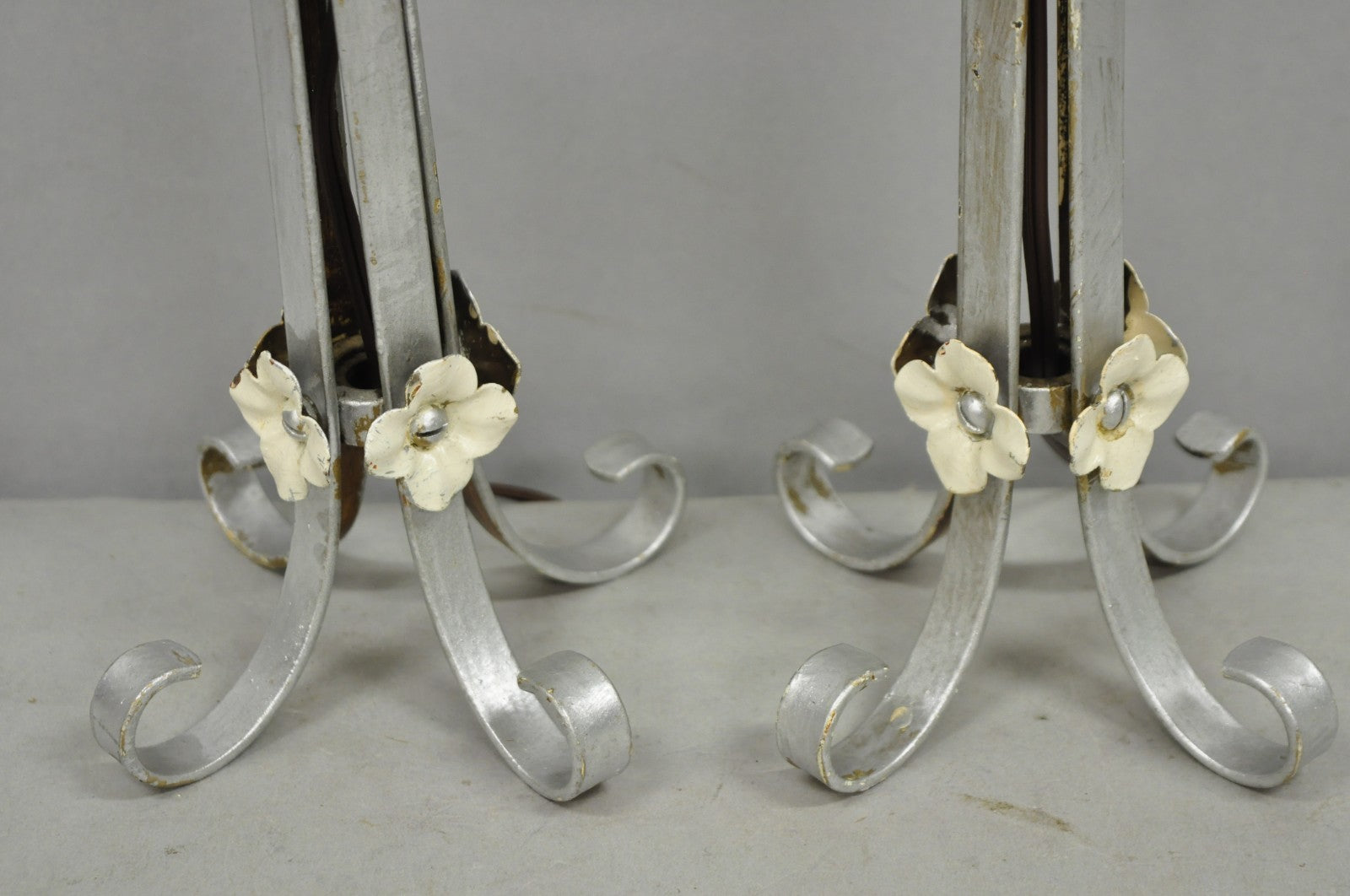 Antique Art Nouveau Wrought Iron Silver Painted Petite Boudoir Table Lamps, Pair