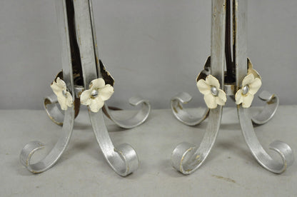 Antique Art Nouveau Wrought Iron Silver Painted Petite Boudoir Table Lamps, Pair