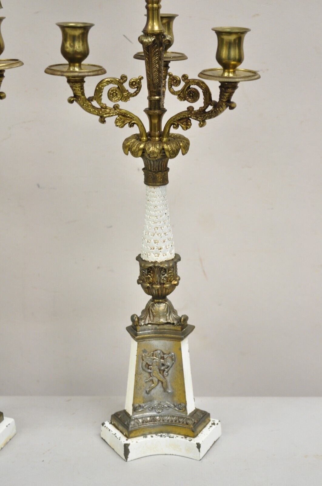 Vintage French Empire Style Candlestick Candelabra Brass Table Lamps - a Pair