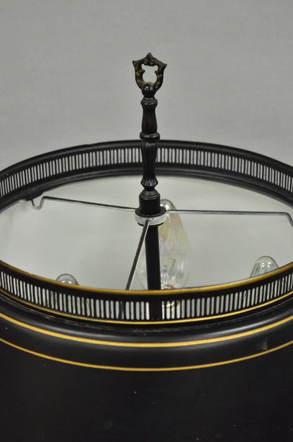 Vintage French Country Black Tole Metal Three Arm Candelabra Table Lamp w/ Shade