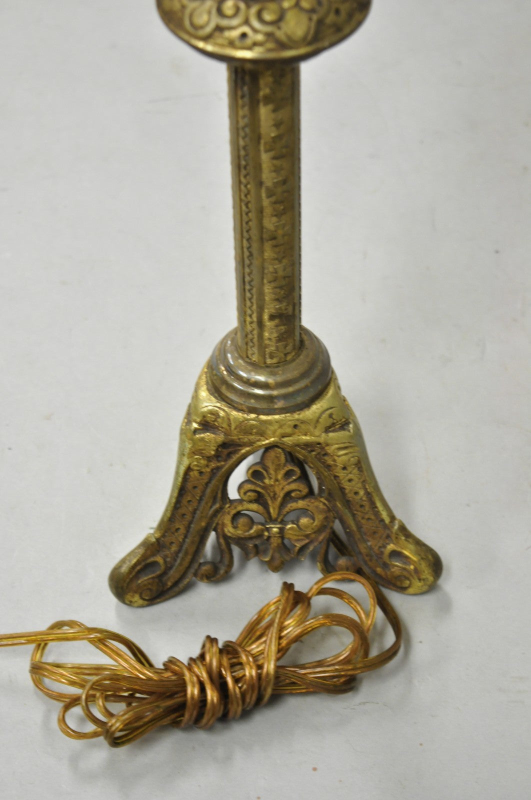 Antique French Renaissance Brass Religious Church Candlestick Table Lamp
