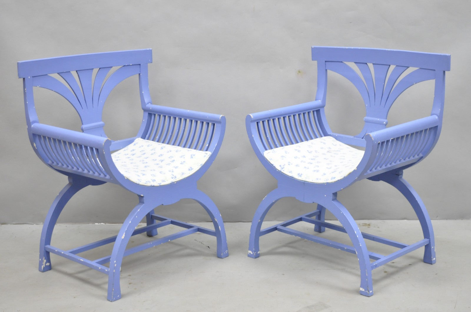 Vintage Hollywood Regency Italian Style Blue Curule X-Frame Arm Chair - a Pair