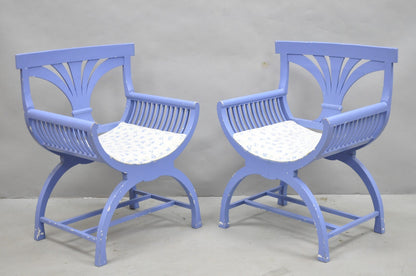 Vintage Hollywood Regency Italian Style Blue Curule X-Frame Arm Chair - a Pair