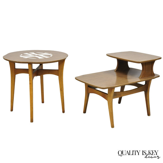 Vintage Mid Century Modern Walnut & Formica Round & Step Side Table Set - 2 pcs