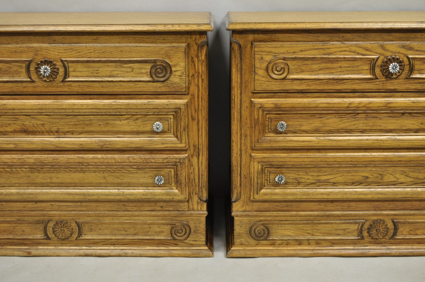Vintage French Country Provincial Oak Wood 3 Drawer Bachelor Chest Commode Pair