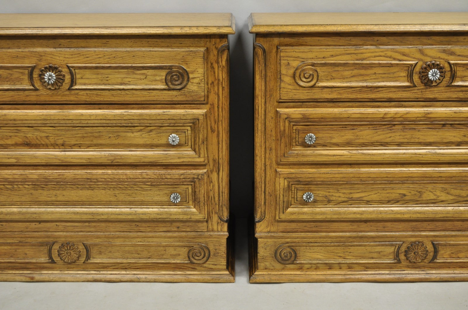 Vintage French Country Provincial Oak Wood 3 Drawer Bachelor Chest Commode Pair