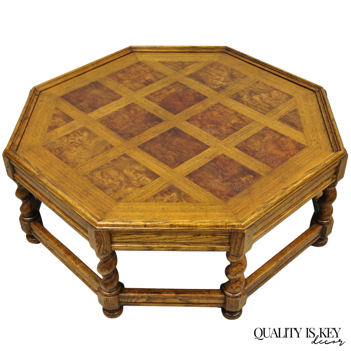 Vintage Baker Barley Twist Oak & Burlwood Parquetry Octagonal Coffee Table