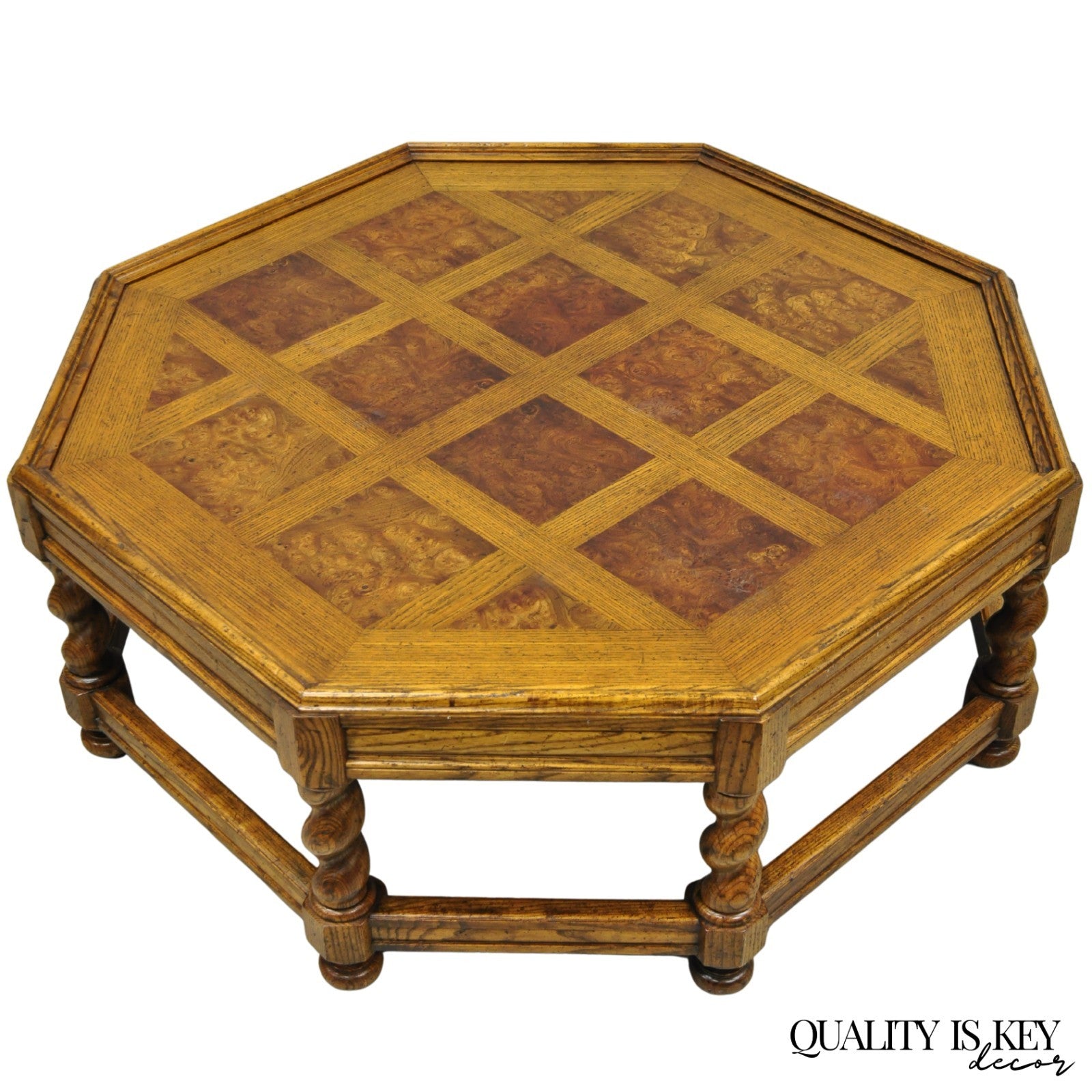 Vintage Baker Barley Twist Oak & Burlwood Parquetry Octagonal Coffee Table