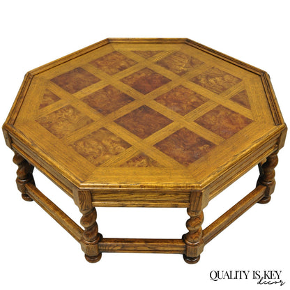 Vintage Baker Barley Twist Oak & Burlwood Parquetry Octagonal Coffee Table