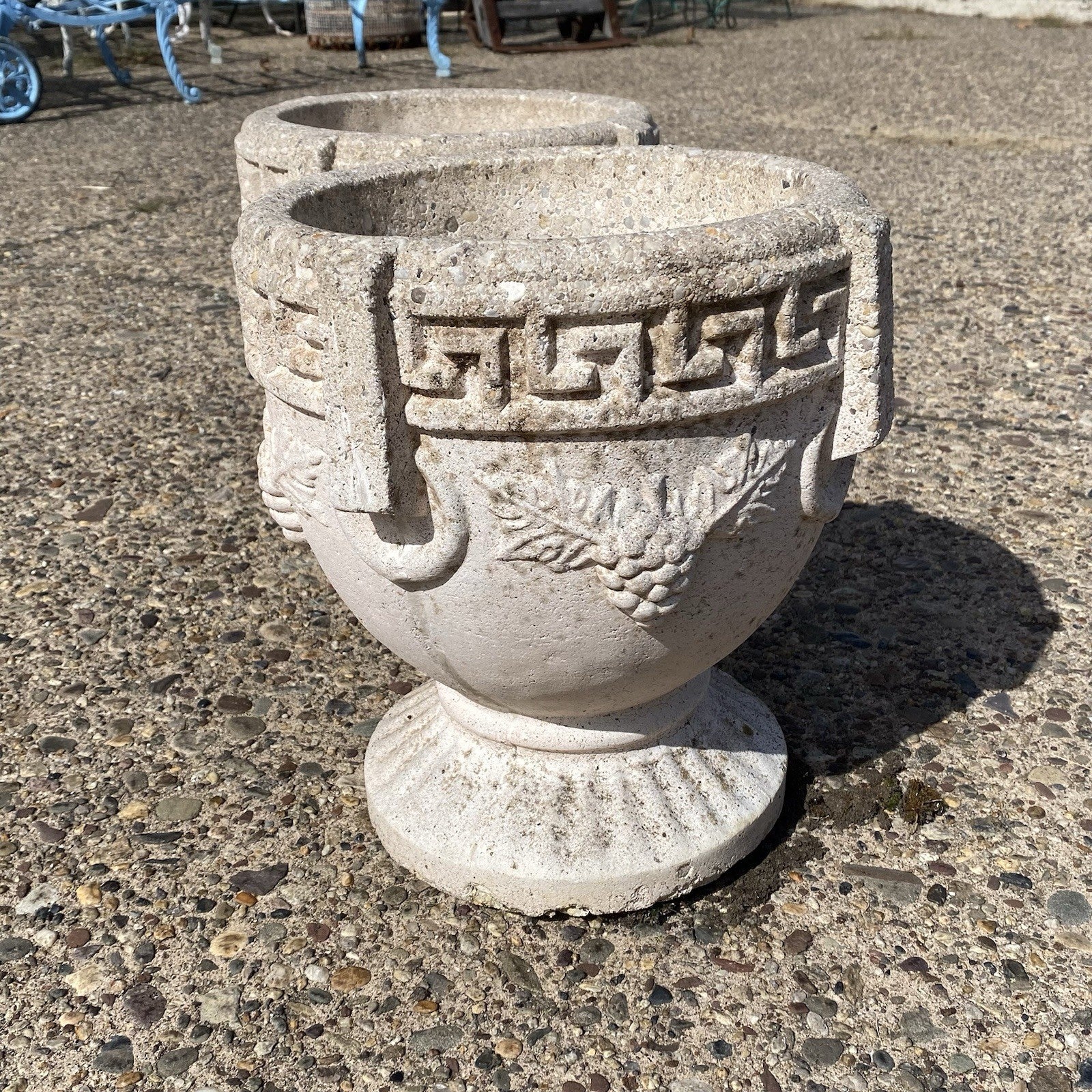 Vintage Greek Classical Style Concrete Greek Key Garden Flower Planter Pot, Pair